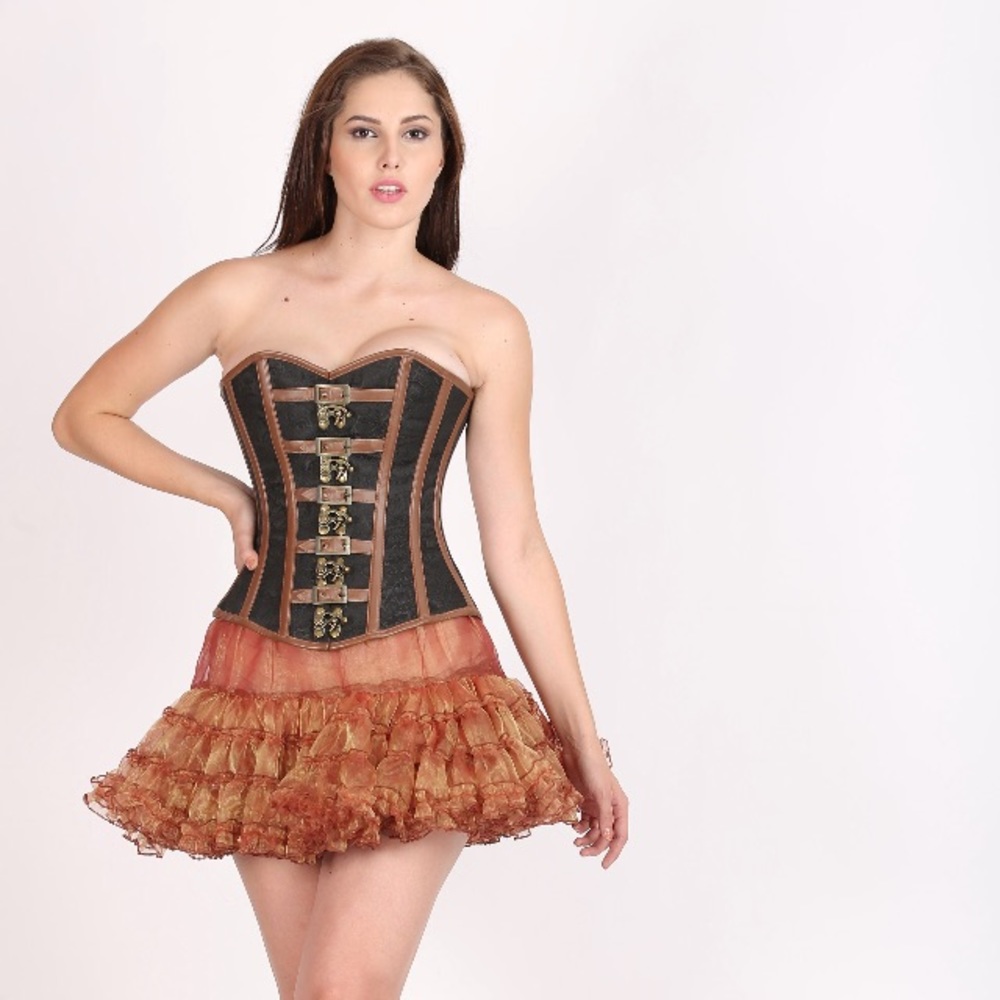Black Brocade Steampunk Overbust Leather Corset